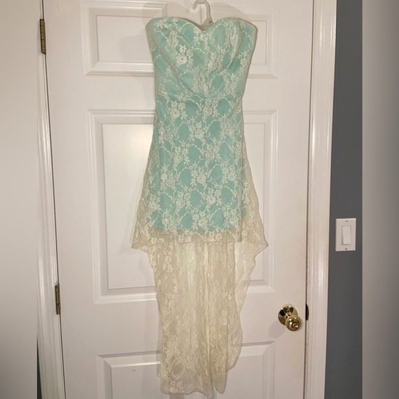 Turquoise Strapless High-Low Lace Party Dress for Tweens - Picture 1 of 4